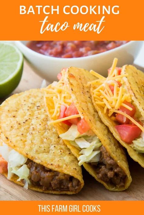 This recipe is awesome if you're making taco meat for a crowd, or if you want to make several batches of taco meat for later. Cook three pounds of taco meat and save some in the freezer for busy nights! #batchrecipe #freezermeal #tacomeat Crunchy Taco Shells, Kitchen Hacks Cooking, Hard Shell Tacos, Taco Meat Recipes, Best Fast Food, Easy Eat, Homemade Tacos, Taco Night, Homemade Taco Seasoning