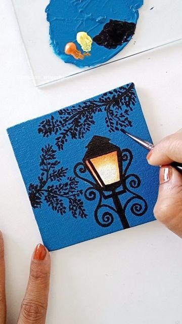 Paper Lantern Painting Ideas, Cute Gift Paintings, Night Sky Easy Painting, Mini Paintings Tutorials, Mini Canvas Art Acrylic, Mini Canvas Art Watercolor, 12x12 Painting Ideas, Light Post Painting, Sky Lanterns Painting