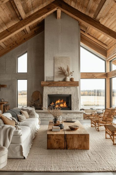 29 Industrial Farmhouse Living Room Ideas for a Unique Touch 5 High Wooden Ceiling Living Room, Rustic Farmhouse Style Living Room, Modern Farmhouse Inspiration Living Room, Farmhouse Living Room High Ceilings, Living Room Designs Large Windows, Modern Chalet Living Room, Barn Conversion Living Room, Rustic Modern House Decor, Light Rustic Living Room