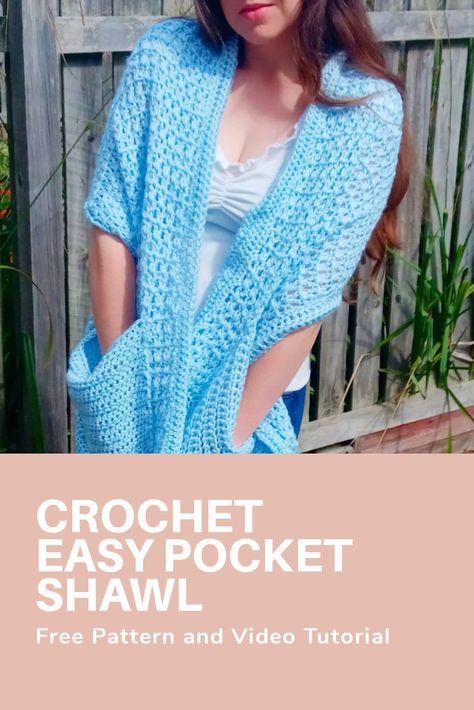 Crochet this easy Pocket Shawl with the free pattern and video tutorial on my blog and YouTube channel (Selina Veronique Crochet). This is a great beginner crochet project. #crochetpattern #crochetpocketshawl #crochetpocketwrap #pocketshawl #pocketwrap #pocketscarf Crochet Pocket Shawl, Feminine Crochet, Crochet Prayer Shawls, Poncho Au Crochet, Pocket Shawl, Crochet Pocket, Pocket Scarf, Crochet Wrap Pattern, Crochet Shawl Pattern