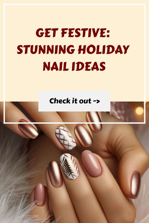 Elegant hand showcasing holiday-inspired nail art with rose gold and white designs, promoting festive nail ideas. Best Christmas Nails Design, Pretty Nails Christmas, December Nails Ideas 2024, Christmas Nails Biogel, Trendy December Nails, Early Christmas Nail Ideas, December Nails Natural, Best Holiday Nails, Vintage Inspired Christmas Nails