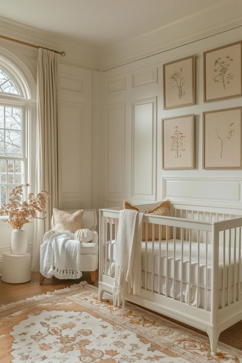 40 Cozy Boho Nursery Decor Ideas for Your Little One's Haven Nursery Ideas Elegant, Neutral Colored Nursery Ideas, Nursery High Ceiling, Modern European Nursery, Peaceful Nursery Ideas, Home Decor Ideas Nursery, Vintage Chic Nursery, Nursery Ideas Baby Girl, Nursery Ideas Girl Neutral