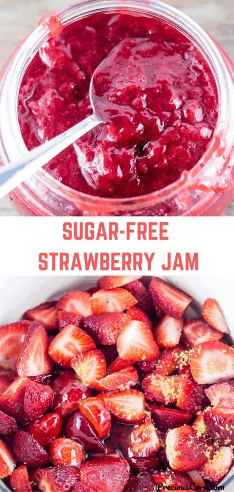 This Strawberry Jam is sugar-free and pectin-free yet it tastes sooo good with the perfect consistency. It is one recipe to make over and over again! #sugarfree #dessert #strawberryjam #jams #breakfast #PreciousCore Healthy Strawberry Jam Recipe, Sugarfree Dessert, Sugar Free Strawberry Jam, Cheesecake Oreo, Sugar Free Jam, Strawberry Jam Recipe, Healthy Strawberry, Jams And Jellies, Jam Recipe