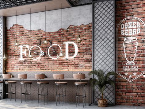 Restaurant on Behance Cafeteria Wall Design, Mini Restaurant Design, Brick Wall Accent, Wall Graphics Restaurant, Restaurant Wall Design, Industrial Restaurant Design, Pizzeria Design, Resturant Design, Small Restaurant Design