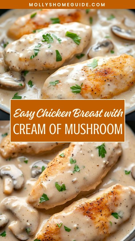 Indulge in a delicious and creamy dish with this easy recipe for chicken breast with cream of mushroom. The tender chicken paired with the rich, savory mushroom sauce makes for a satisfying meal that your whole family will love. Whether you're looking for a quick weeknight dinner or planning a special gathering, this dish is sure to impress. Serve it over rice or pasta for a complete and hearty meal that is both comforting and flavorful. What Can I Make With Cream Of Mushroom, Easy Chicken Cream Of Mushroom Recipes, Baked Chicken With Mushroom Soup, Chicken Mushroom Sour Cream Recipes, Cream Of Mushroom Sauce For Chicken, Chicken Casserole Cream Of Mushroom, Easy Chicken And Mushrooms, Chicken Recipes With Mushroom Soup, Chicken And Cream Of Mushroom Soup