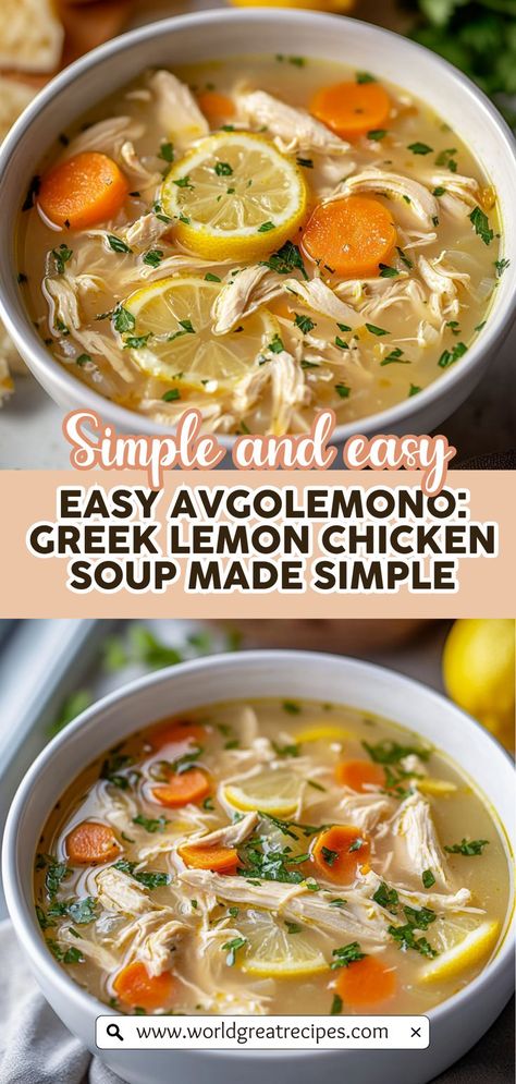 Dive into the flavors of the Mediterranean with this Irresistible Greek Lemon Chicken Soup, also known as Avgolemono. This comforting dish features tender chicken, bright lemon juice, and a creamy egg mixture that creates a rich and satisfying broth. Perfect for cozy dinners or meal prep, this healthy recipe is bursting with nutrients and flavor. Learn how to make this delightful soup with our easy step-by-step instructions and tips for customizing it to your taste. Greek Lemon And Chicken Soup, Greek Lemon Chicken Stew, Greek Chicken Soup Recipes, Greek Lemon Soup Orzo, Lemon Pepper Chicken Soup, Chicken Breast Soup Recipes, Mediterranean Chicken Soup, Greek Lemon Chicken Soup Avgolemono, Mediterranean Diet Soup