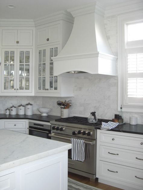 Bell Hood Kitchen, Country Kitchen Designs, White Kitchen Cabinets, Interior Trim, Custom Cabinets, Country Kitchen, Dream House Decor, Home Repair, White Kitchen