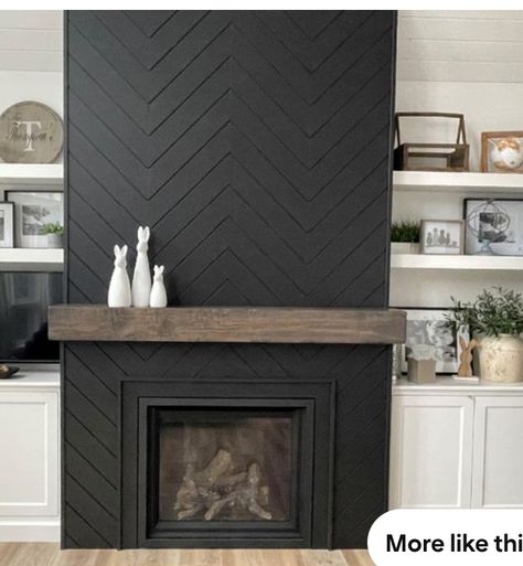 Black Herringbone Shiplap Fireplace, Herringbone Fireplace Wall, Fireplace Herringbone, Herringbone Shiplap, Herringbone Fireplace, Shiplap Fireplace, Black Herringbone, Black Chevron, Fireplace Wall