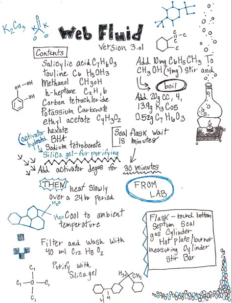 Science, Spider-Man Spiderman Blueprints, Spiderman Usernames, Web Fluid Formula Spiderman, How To Be Spiderman, Spiderman Doodles Aesthetic, Spiderman Journal Ideas, Spiderman Journal Page, Web Fluid Formula, Spiderman Sketchbook Page