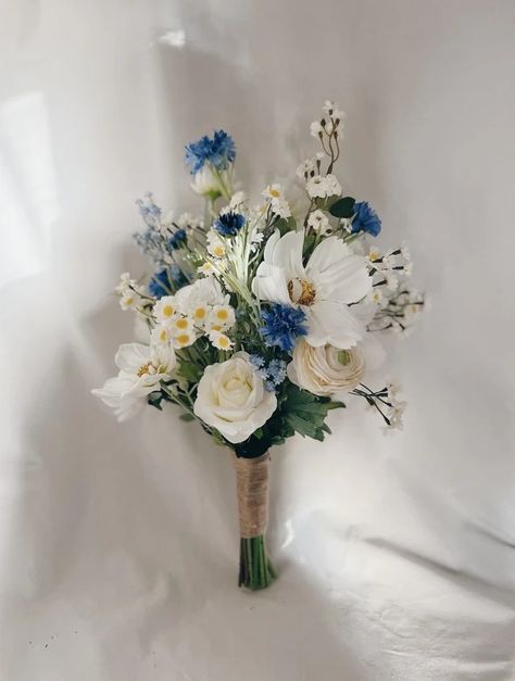 View Spring/Summer Bouquets by RomancePlace on Etsy White Cosmos Flowers, Faux Bridal Bouquet, Royal Blue Bouquet, Prom Flowers Bouquet, Fake Bouquet, White Cosmos, Toss Bouquet, Prom Bouquet, Blue Flowers Bouquet