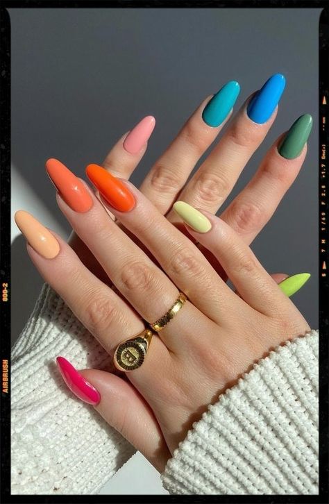 Cute Summer Nails For 2022 For Every Style : Skittle Colour Nails Summer Nails 2023 Multi Color, Colourful Nail Extensions, Nail Extensions Colours, Mixed Colors Nails, Multi Coloured Nails, Multicoloured Nails, Nail Thanksgiving, Thanksgiving Nails Design, Thanksgiving Nails Design Fall