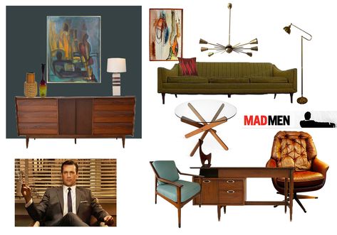 Putting together a style board for Mad Men-inspired Room: Don Draper's office Mid Century Office Design, Mad Men Furniture, Mad Men Style Decor, Mid Century Modern Office Design, Mad Men Interior Design, Record Corner, Men Office Decor, Mad Men Office, Brown Leather Office Chair