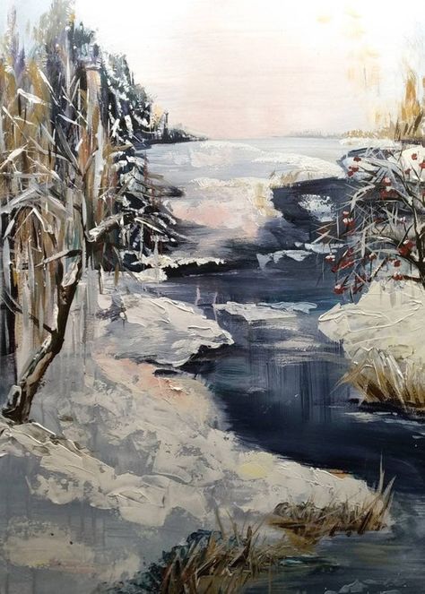 Sunrise Impressionism, Meditative Painting, Impressionism Nature, Water Scenery, River Scenery, Living Room Decor Unique, Bright Colors Art, Snowy River, Painting On Cardboard