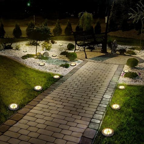 SOLPEX 12 Pack Solar Ground Lights Outdoor, Waterproof 8 LED Solar Powered Disk Lights Outdoor Garden Landscape Lighting for Yard Deck Lawn Patio Pathway Walkway (White) - Amazon.com Solar Powered Led Garden Lights, Outdoor Ground Lights, Garden Pathway Lights, Garden Solar Lighting, Sidewalk Lights, Ground Lights Outdoor, Sidewalk Lighting, Solar Ground Lights, Outdoor Deck Lighting