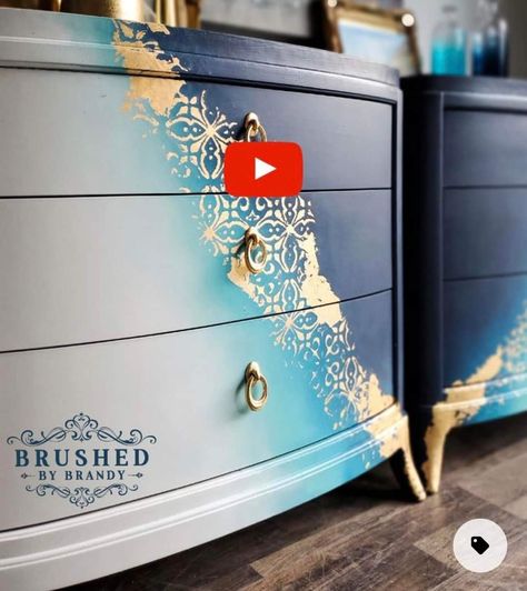 Leaf Painted Furniture, Painted Furniture With Gold Leaf, How To Paint Flowers On Furniture, Gold Leaf Furniture Diy, Ombre Furniture Painting Diy, French Trellis, Diy Old Furniture Makeover, Trellis Stencil, Paint On Furniture