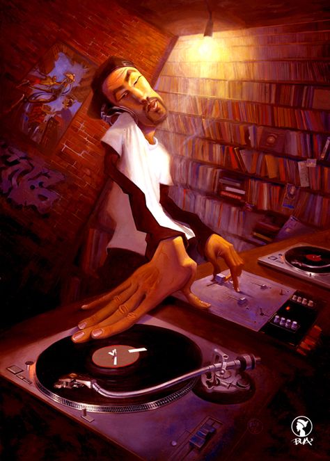 One of my favorite Justin Bua pieces. The DJ by BUA - Original not for Sale - #ART #MUSIC #DJ Arte Jazz, Dj Art, Jazz Art, Black Art Painting, Afrocentric Art, Hip Hop Art, Black Artwork, Arte Inspo, Afro Art