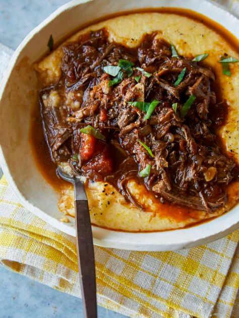 Braised Beef Ragu, Beef Ragu Recipe, Braising Recipes, Cheesy Polenta, Italian Pot Roast, Spoon Fork Bacon, Beef Ragu, Ragu Recipe, Polenta Recipes