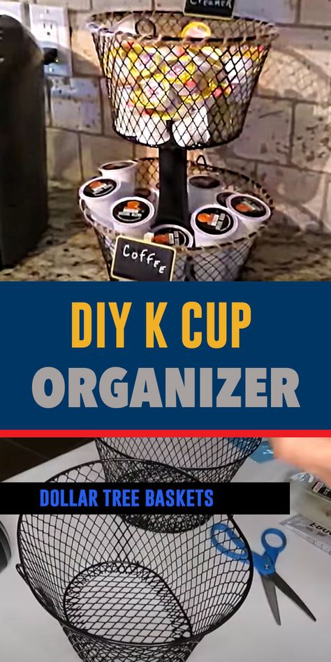 DIY Farmhouse Decor Idea - K-cup Organizer Made With Dollar Tree Supplies - DIY Organizing Ideas for Kitchen - How to Organize Coffee and Creamer Station DYI Dollar Tree Baskets, K Cup Storage, Diy Farmhouse Ideas, Farmhouse Backyard, Cup Organizer, Coffee Pod Storage, Diy Coffee Bar, Dollar Store Diy Organization, Dollar Store Diy Projects