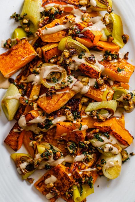 Dishes With Butternut Squash, Squash Leek Recipes, Squash And Leek, Fall Leek Recipes, Roast Squash Recipes, Roasted Butternut Squash Salad Recipes, Vegetarian Squash Recipes, Autumn Veggie Recipes, Roast Butternut Squash Recipes