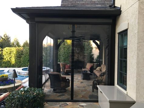 Clear Vinyl Motorized Retractable Porch Panels install in Charlotte-NC Vinyl Porch Enclosure, Screen Porch Panels, Porch Enclosure, Retractable Screens, Porch Enclosures, Screened Porch Designs, Vinyl Panels, Patio Enclosures, Porch Design