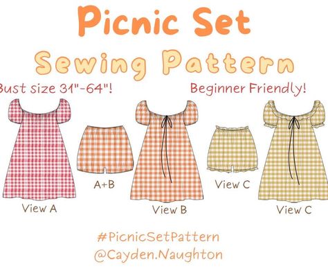 Picnic Set Sewing Pattern - Etsy New Zealand Fabric Designs Pattern, Plus Size Sewing Patterns For Women, Hand Sewed Clothes, Easy Outfits To Sew, Sewing Gifts For Grandma, Free Sewing Patterns Gifts, Dance Sewing Patterns, Cute Beginner Sewing Projects, Cute Dress Sewing Patterns