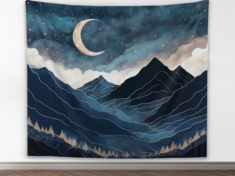 Starry Night With Moon, Boho Mountain, Nordic Wall Decor, Themed Wall Decor, Mountain Tapestry, Blue Tapestry, Weaving Loom Projects, Moon Blue, Boho Tapestry