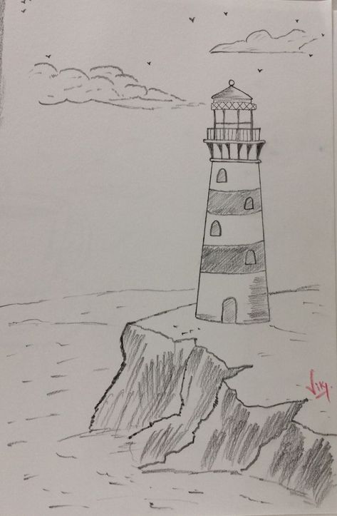 Lighthouse Landscape Drawing, Cute Drawings Landscape, Pretty Buildings To Draw, Things To Draw Landscape, Beach Pictures Drawing, How To Draw A Lighthouse, Drawing Buildings Sketch Easy, Easy Nature Drawings For Beginners, Lake Drawings Easy