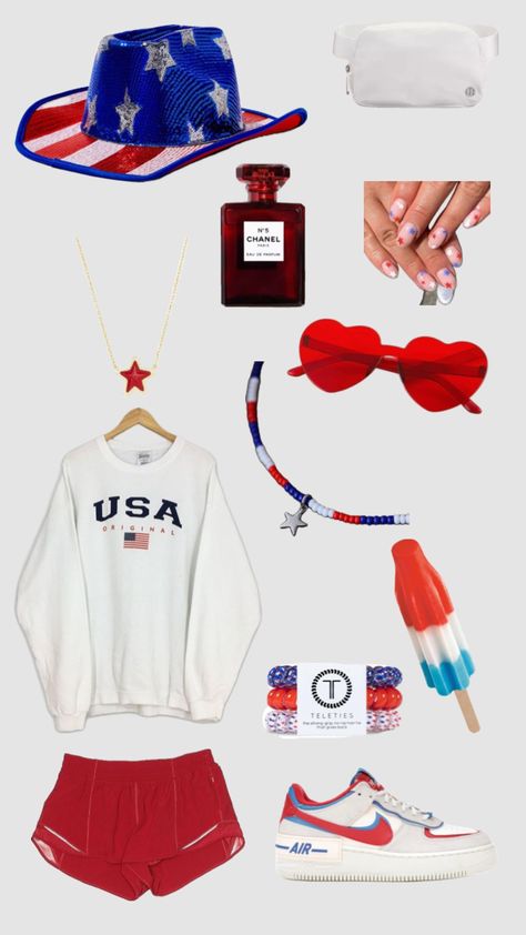 another 4th of july outfit! Fourth If July Outfits, 4th Of July Clothes, Frat Party Outfit, Camp Dress, Spirit Week Outfits, 4th Of July Parade, America Outfit, July Outfits, 4th Of July Outfit