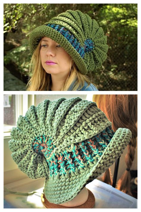 Snail Shell hat Free Crochet Pattern Video Tutorial Womans Crochet Hat Pattern Free, Crochet Tulip Hat Pattern Free, Crochet Octopus Hat Free Pattern, Mushroom Hat Crochet Pattern Free, Weird Crochet Hats, Silly Crochet Hats, Crochet Mushroom Hat Free Pattern, Crochet Mushroom Hat Pattern, Freeform Crochet Patterns Free