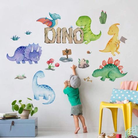 Yovkky Watercolor Boys Dinosaur Wall Decals Stickers, Neutral Dino Animal Peel and Stick Removable Nursery Cactus Decor, Home Baby Room Decorations Girls Kids Bedroom Playroom Art Party Supply Gifts Toddler Playroom Decor, Christmas Tree Wall Decal, Haloween Decor, Dinosaur Wall Decals, Toddler Playroom, Dinosaur Wall Stickers, Creative Bedroom, Living Room Background, Nursery Decals