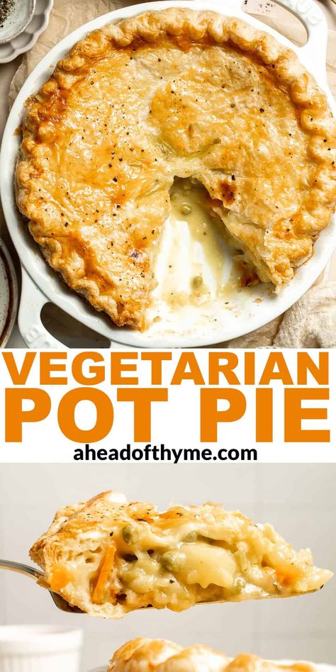 This Vegetarian Pot Pie is truly the ultimate comfort food. The creamy filling is loaded with tender veggies, all wrapped in a buttery, flaky puff pastry crust. It's easy to make using store-bought puff pastry, so don't let your pastry skills hold you back. It's a hearty, satisfying entree for a cold night in and makes a stand-out vegetarian centerpiece for any occasion! | aheadofthyme.com #vegetarianpotpie #potpie #vegetarianpie #veggiepie via @aheadofthyme Vegan Pot Pie Filling, Mini Vegetarian Pot Pies, Pot Pie Recipe Vegetarian, Turkey Pot Pie With Puff Pastry, Lentil Pot Pie, Pie For Dinner, Potpie With Puff Pastry, Vegetarian Savory Pie, Vegetarian Pies Savoury