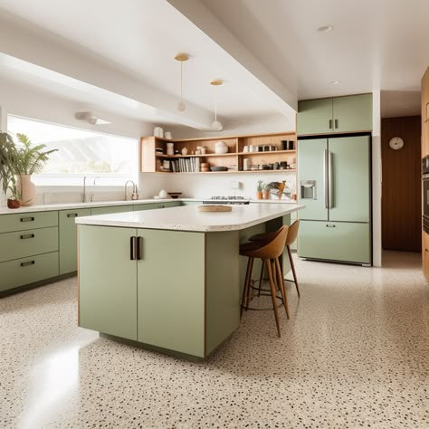 Terrazzo Floor Tiles Kitchen, Green Kitchen Concrete Floor, Midcentury Modern Kitchen Tile Floor, Terrazo Flooring Kitchen, Mcm Kitchen Tile Floor, Midcentury Modern Kitchen Painted Cabinets, Mid Century Kitchen Floor, Mid Century Modern Terrazzo, Terrazo Tile Kitchen