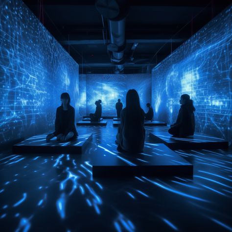 digital walls, cyberspace, meditation room, dark blue, immersive experience design Immersive Art Experience, Immersive Experience Design, Immersive Museum, Immersive Room, Immersive Design, Water Projection, Immersive Environment, Immersive Exhibition, Immersive Installation