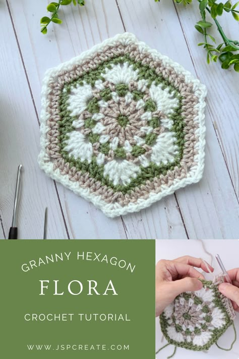 Free crochet pattern granny hexagon flora Granny Hexagon Crochet, Hexagon Crochet Pattern, Granny Hexagon, Crochet Hexagons, Granny Square Pattern Free, Crochet Motives, Hexagon Crochet, Crochet Granny Square Tutorial, Granny Square Projects