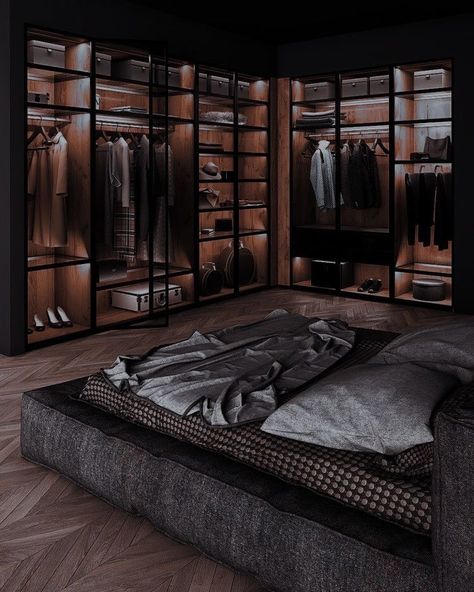 Black Bedroom Design, Stylish Bedroom Design, Dark Modern, Luxury Closets Design, Clothes And Shoes, Dream House Rooms, Loft Design, Dark Cabinets, Stylish Bedroom