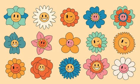 60s Doodles, Retro Flower Illustration, Retro Character Illustration, Character Eye Design, Hippy Designs, Hippie Illustration, Flower Power Aesthetic, Cartoon Daisy, Floral Cartoon