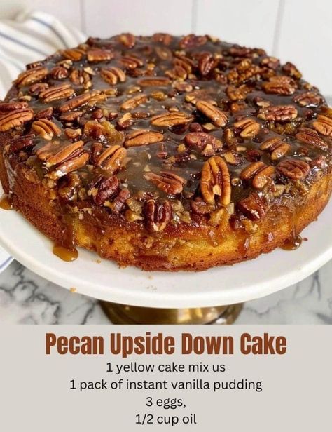 Pecan Upside Down Cake 😋😋Ingredients:1 yellow cake mix us1 pack of instant vanilla pudding.3 eggs,1/2 cup oil.1 cup water.Steps:Mix.In bundt pan or square or oblong, spray with baking spray, melt 1 stick of butter, but the melted butter in pan. Cover bottom of pan with light brown sugar, layer pecans on top of butter and brown sugar.Poor cake mix on top of pecans. Bake at 350 for 35 to 45 minutes. Bundt pan takes 45 minutes. Cool before turning it onto plate. Pecan Upside Down Cake, Pecan Halves, Pecan Coffee Cake, Cake Cooking, Caramel Glaze, Gooey Caramel, Southern Desserts, Baking Recipes Desserts, Pecan Cake