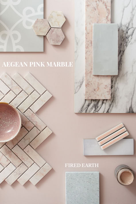 Offering interesting formats in the softest natural pink marble, the hard-wearing Aegean collection is designed to help you create a number of contemporary and dramatic looks. Scallop, hexagon and herringbone mosaics and a brick-shaped tile make this range a versatile choice if you adore pink and love the elegance of marble. Pink Marble Tiles, Pink Marble Tile Bathroom, Pink Herringbone Bathroom, Light Pink Tile Bathroom, Pink Marble Bathroom Ideas, Pink And Marble Bathroom, Pink And Gray Bathroom Ideas, Beige Tile Kitchen Floor, Pink Marble Tile