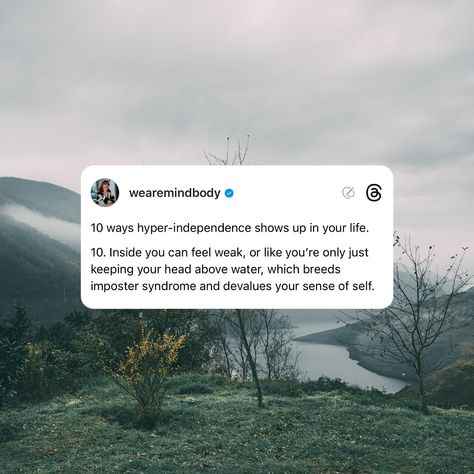 Hyper-independence can often be a result of unhealed trauma. When you’ve had to depend on yourself for so long asking for help can feel like a betrayal or a failure. Resilience and strength is hiding the fear of being let down, left or forgotten about. But when we can learn that self-reliance can coexist with vulnerability and connection we can start to heal and step further into love. #hyperindependence #therapymemes #therapy #threads #independentwoman #independent #healing Hyper Independence, Depend On Yourself, Being Let Down, Asking For Help, Feeling Weak, Let Down, Self Reliance, The Fear, Psych