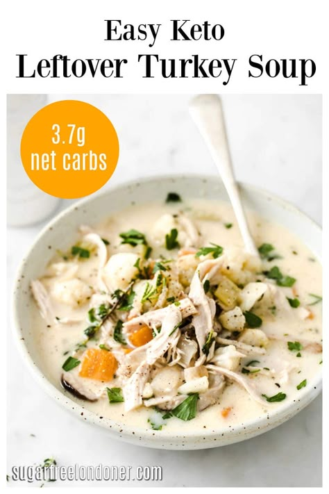 This keto turkey soup is creamy and packed with flavour! A steamy bowl of low carb soup is just the winter comfort food we all need right now. Perfect for any leftover turkey from Thanksgiving and Christmas. #ketosoup #lowcarbsoup #turkeysoup #leftoverturkey Low Carb Leftover Turkey Recipes, Keto Turkey Soup Recipes, Keto Turkey Soup, Turkey Soup Recipes, Keto Entrees, Keto Favorites, Soup Low Carb, Keto Turkey, Leftover Turkey Soup