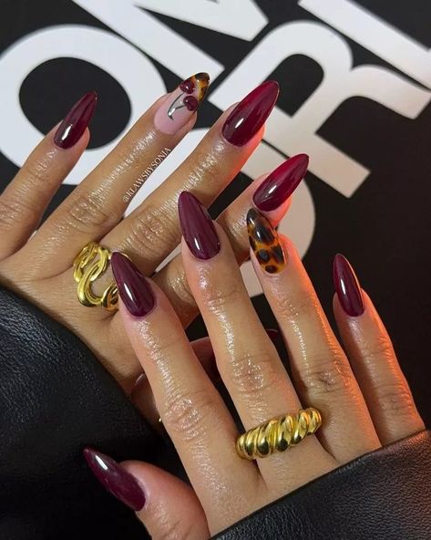 Wine Red Nails With Design, Burgundy And Leopard Nails, Dark Red Leopard Print Nails, Dark Cherry Red Nails French Tip Almond, Burgundy Red Nails Design, Red Cherry Nail Art, Dark Red Cherry Nails, Dark Red Nail Designs Burgundy, Dark Cherry Nails Designs