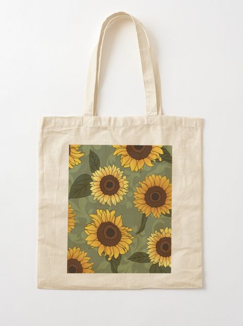 A field of pretty sleepy yellow sunflowers to brighten up your day! Compact, easy to carry shopping bag with digital print on one side Reusable, environmentally friendly, and other good things Lightweight 4.2 oz (145g) 100% cotton fabric Cotton strap is 21 inch (53cm) long and 1 inch (2.5cm) wide Hand wash in cold water Things To Paint On Tote Bags, Tote Bag Painting Ideas Flowers, Hand Bags Ideas, Creative Tote Bag, Sunflower Tote Bag, Diy Tote Bag Design, Handpainted Tote, Handpainted Tote Bags, Yellow Tote Bag