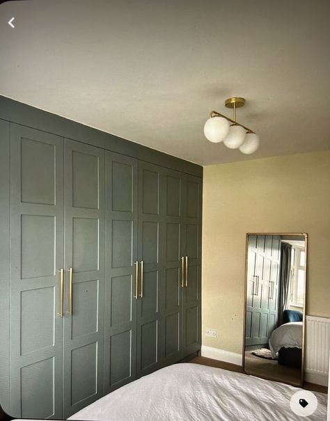 Green Fitted Wardrobes Bedroom, Bedroom Green Wardrobe, Sage Wardrobe Doors, Sage Green Fitted Wardrobes, Green Wardrobe Design Bedroom, Sage Green Wardrobe Doors, Olive Green Cupboards Bedroom, Sage Built In Cabinets, Sage Green Built In Wardrobe