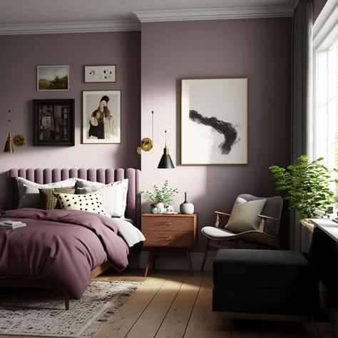 Terracotta And Plum Bedroom, Dusty Bedroom Colors, Masculine Mauve Bedroom, Bedroom With Plum Accents, Light Purple Master Room, Mauve Moody Bedroom, Lavender And Black Bedroom Ideas, Greyish Purple Bedroom, Dusky Lilac Bedroom