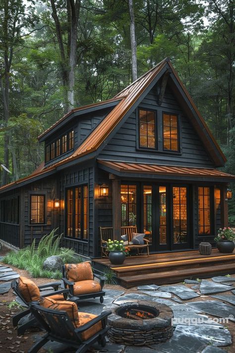 Green House With Copper Roof, Log Cabin Addition Ideas Exterior, Painted Log Cabin Exterior, Cabin Designs, Cabin Aesthetic, Colonial Farmhouse, Cabin Exterior, Inspire Me Home Decor, Small Cottage