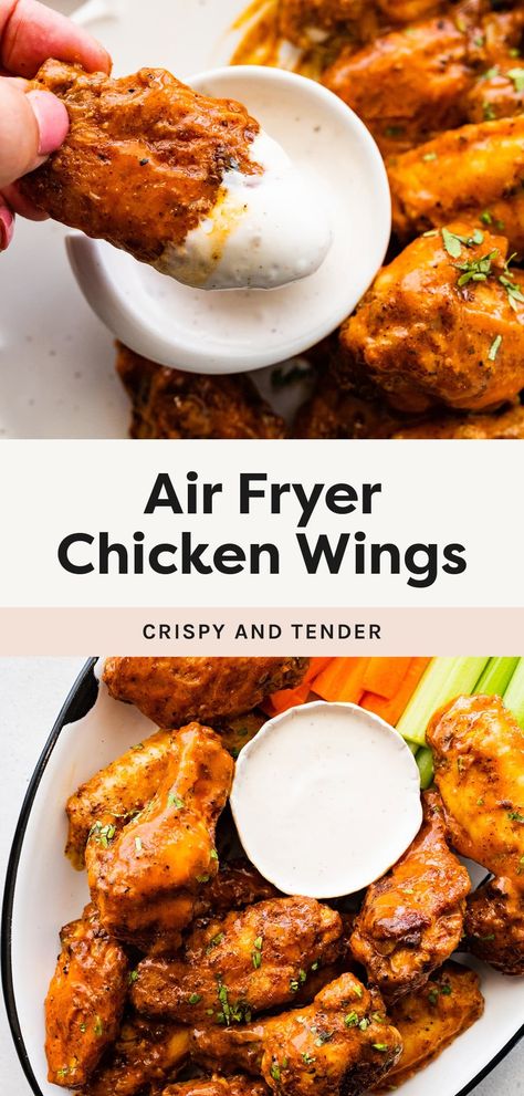 These air fryer chicken wings are super crispy and easy to make – you'll never want to make wings another way again! They're crisp on the outside and perfectly tender and juicy on the inside. Air Fryer Hot Wings, Air Fryer Chicken Wings Recipe, Healthy Air Fryer Chicken, Air Fry Chicken Wings, Bird Food Recipes, Air Fryer Wings, New Air Fryer Recipes, Air Fryer Chicken Recipes, Vegan Paleo Recipes