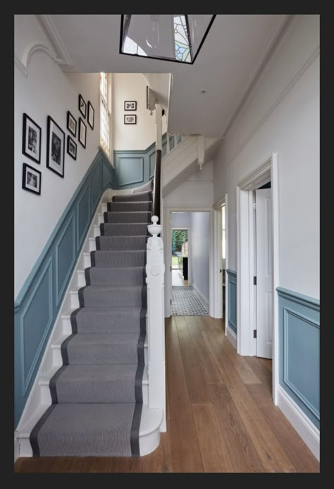 Victorian Terrace Hallway, Stair Case Ideas, Edwardian Hallway, Victorian Stairs, Stairs And Hallway Ideas, Stairs Colours, Stair Paneling, House Hallway, Hall Colour