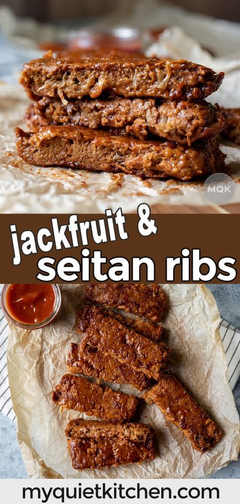 Jackfruit Ribs Vegan Recipes, Vegan Meat Substitute Recipes, Best Seitan Recipes, Grilled Seitan, Vegan Lunch Meat, Seitan Ribs, Jackfruit Ribs, Vegan Bbq Ribs, Bbq Seitan