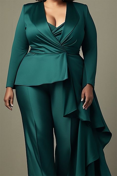 Plus Size Stylish Matching Sets for Women | Xpluswear Elegant Pant Suits Wedding Classy, Mother Of The Bride Pants Outfit, Wedding Guest Pants, Green Outfits For Women, Plus Size Outfits Casual, Knitted Two Piece, Mother Of The Bride Suits, Wedding Pants, Bride Suit