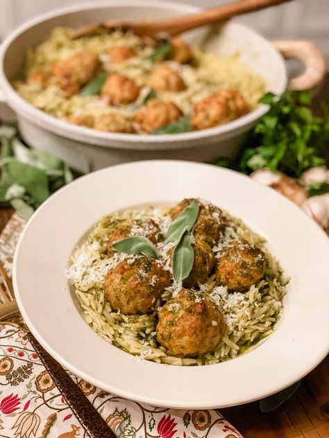 Baked Chicken Meatballs with Sage Pesto Orzo Shelled Pistachios, Sage Pesto, Pesto Orzo, Baked Chicken Meatballs, Plain Bread, Fresh Sage, Pecorino Romano, Recipes Savory, Best Italian Recipes